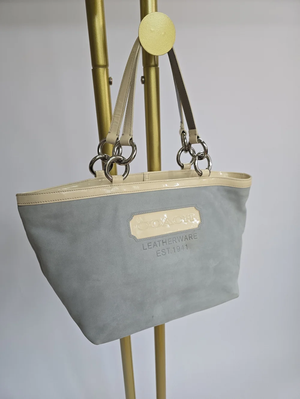 COACH Light Blue Suede Shoulder Purse with Cream Trim Hampton